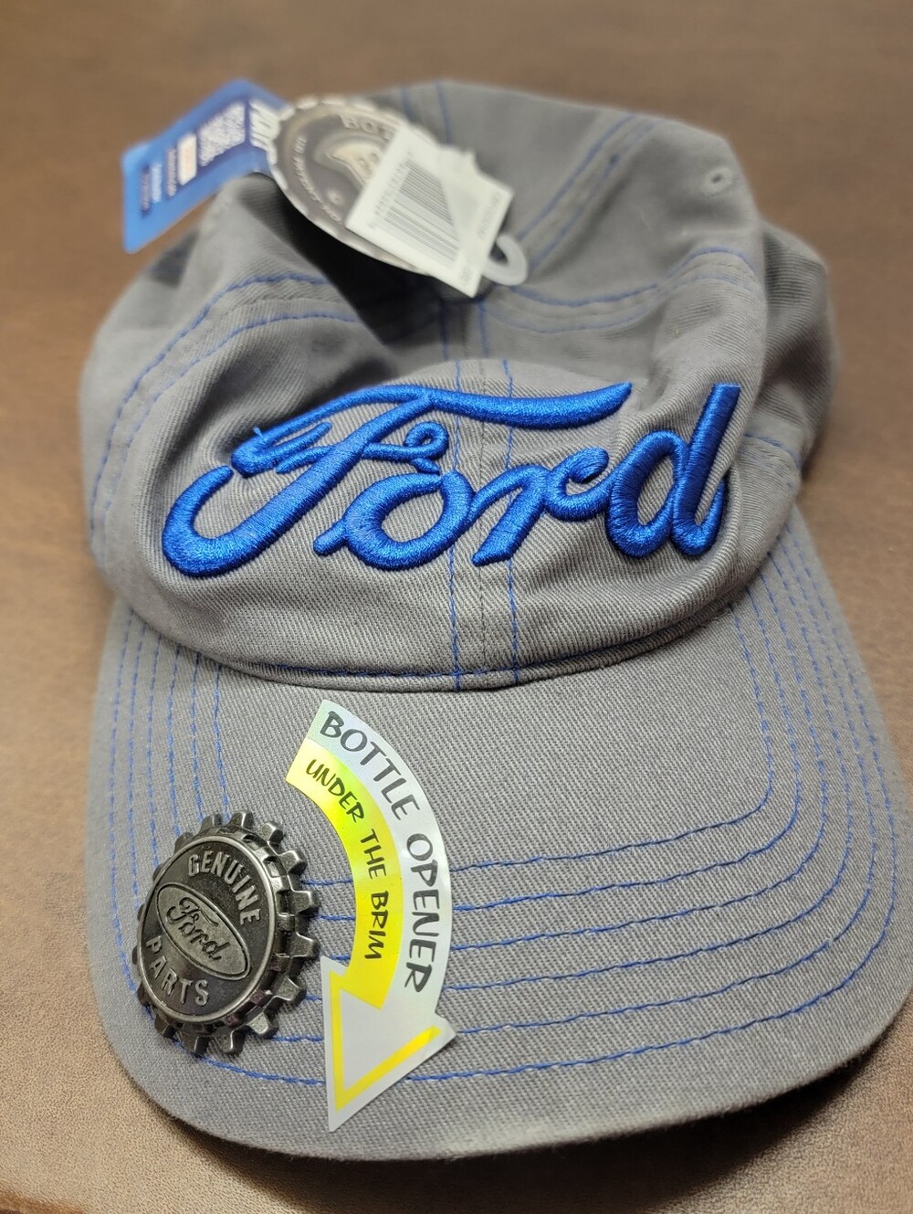 Gray Ford Baseball Cap Bottle Opener Adjustable Strap Embroidered Blue Logo Nwt